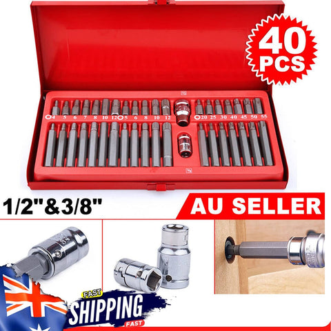 40 PCS Allen Hex Key Set Socket 3/8" & 1/2" - Short Long Deep Bit Torx Spline AU