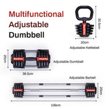 Sardine Sport 3-In-1 Multi-Functional Adjustable Dumbbell With Twist-Lock, All-In-One With Dumbbell-Barbell-Kettlebell, 1.5KG To 18KG, 3LB To 40LB - Pair