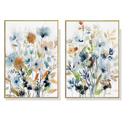 50cmx70cm Colourful Floras Watercolour style 2 Sets Gold Frame Canvas Wall Art