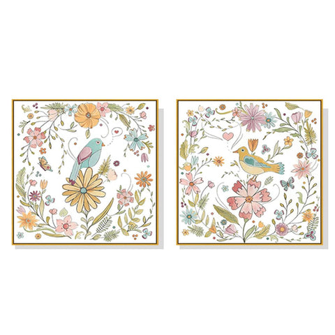 60cmx60cm Floral birds 2 Sets Gold Frame Canvas Wall Art