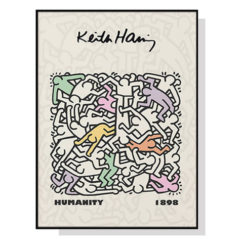 70cmx100cm Keith Haring Humanity Black Frame Canvas Wall Art