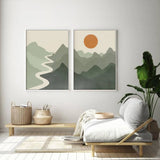 50cmx70cm Sage Green River Mountain 2 Sets White Frame Canvas Wall Art