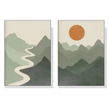 90cmx135cm Sage Green River Mountain 2 Sets White Frame Canvas Wall Art