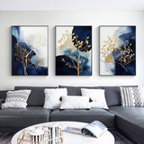 70cmx100cm Navy and Gold Watercolor Shapes 3 Sets Black Frame Canvas Wall Art