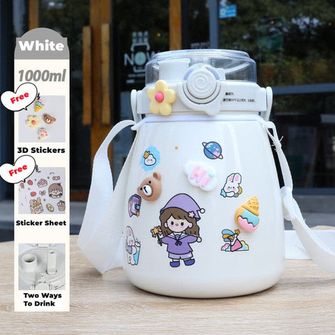 1000ml Large Water Bottle Stainless Steel Straw Water Jug with FREE Sticker Packs (White)