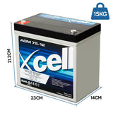 X-CELL AGM Battery 12V 75Ah Portable Sealed SLA Camping Solar Marine