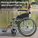 EQUIPMED Folding Aluminium Wheelchair, 20" Wheels, Park Brakes, 100kg Capacity, Orange