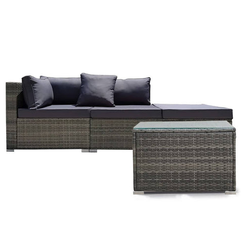 LONDON RATTAN 4 Piece 3 Seater Modular Outdoor Lounge Setting incl. Coffee Table, Ottoman, Grey