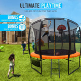 UP-SHOT 10ft Round Kids Trampoline with Curved Pole Design, Basketball Set and Sprinkler Accessory, Black and Orange