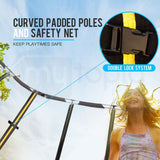 UP-SHOT 10ft Round Kids Trampoline with Curved Pole Design, Basketball Set and Sprinkler Accessory, Black and Orange