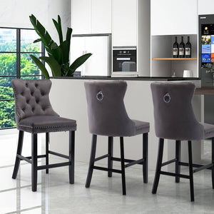 6X Velvet Bar Stools with Studs Trim Wooden Legs Tufted Dining Chairs Kitchen