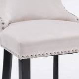 2x Velvet Upholstered Button Tufted Bar Stools with Wood Legs and Studs-Beige