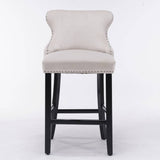 2x Velvet Upholstered Button Tufted Bar Stools with Wood Legs and Studs-Beige