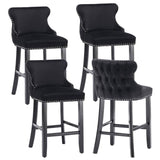 4x Velvet Upholstered Button Tufted Bar Stools with Wood Legs and Studs-Black