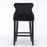 4x Velvet Upholstered Button Tufted Bar Stools with Wood Legs and Studs-Black