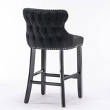 4x Velvet Upholstered Button Tufted Bar Stools with Wood Legs and Studs-Black