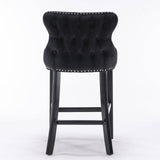 4x Velvet Upholstered Button Tufted Bar Stools with Wood Legs and Studs-Black