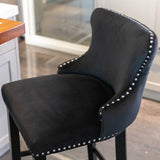 2x Velvet Upholstered Button Tufted Bar Stools with Wood Legs and Studs-Black