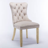 4x Velvet Dining Chairs Upholstered Tufted Kithcen Chair with Solid Wood Legs Stud Trim and Ring-Beige