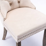 4x Velvet Dining Chairs Upholstered Tufted Kithcen Chair with Solid Wood Legs Stud Trim and Ring-Beige