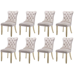 8x Velvet Dining Chairs Upholstered Tufted Kithcen Chair with Solid Wood Legs Stud Trim and Ring-Beige