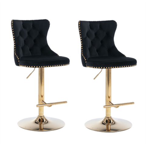 2x Height Adjustable Swivel Bar Stool Velvet Studs Barstool with Footrest and Golden Base- Black