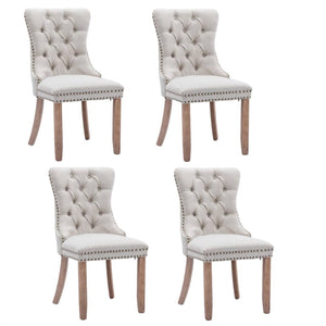 4x AADEN Modern Elegant Button-Tufted Upholstered Linen Fabric with Studs Trim and Wooden legs Dining Side Chair-Beige