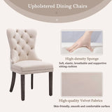 2x Velvet Dining Chairs Upholstered Tufted Kithcen Chair with Solid Wood Legs Stud Trim and Ring-Beige