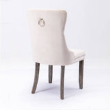 2x Velvet Dining Chairs Upholstered Tufted Kithcen Chair with Solid Wood Legs Stud Trim and Ring-Beige