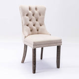 2x Velvet Dining Chairs Upholstered Tufted Kithcen Chair with Solid Wood Legs Stud Trim and Ring-Beige