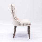 2x Velvet Dining Chairs Upholstered Tufted Kithcen Chair with Solid Wood Legs Stud Trim and Ring-Beige