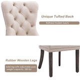 2x Velvet Dining Chairs Upholstered Tufted Kithcen Chair with Solid Wood Legs Stud Trim and Ring-Beige