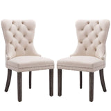 2x Velvet Dining Chairs Upholstered Tufted Kithcen Chair with Solid Wood Legs Stud Trim and Ring-Beige