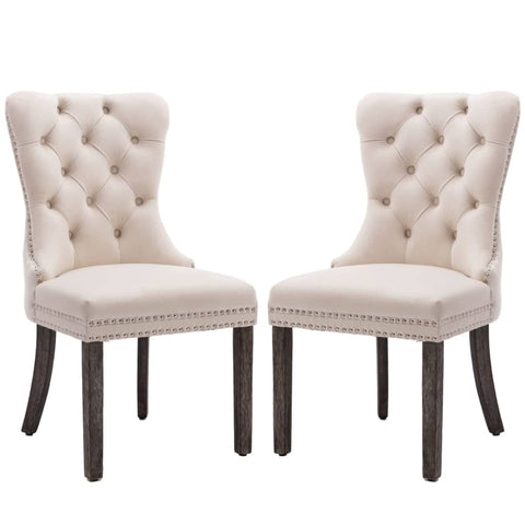 2x Velvet Dining Chairs Upholstered Tufted Kithcen Chair with Solid Wood Legs Stud Trim and Ring-Beige