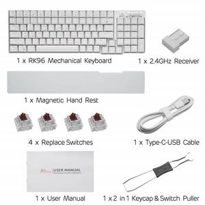 Royal Kludge RK96 Wired Tri Mode Bluetooth RGB Hot Swappable Mechanical Keyboard White (Red Switch)