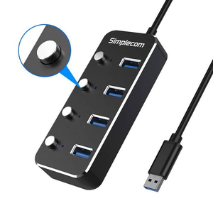 Simplecom Aluminium 4-Port USB 3.0 Hub with Individual Switches and Power Adapter CH345PS