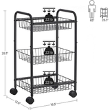 SONGMICS 3-Tier Metal Rolling Cart on Wheels with Removable Shelves Black BSC03BK