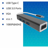 VCOM USB Type C to USB3.0*3+VGA 4 in 1 Hub (Aluminium Shell) - DH319