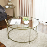 VASAGLE Round Coffee Table Glass Table with Steel Frame Gold LGT21G