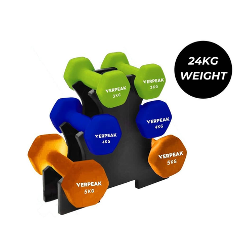 VERPEAK 24kg (3,4,5kg x 2) Neoprene Dumbbell Set With Rack Green VP-DB-140-AC