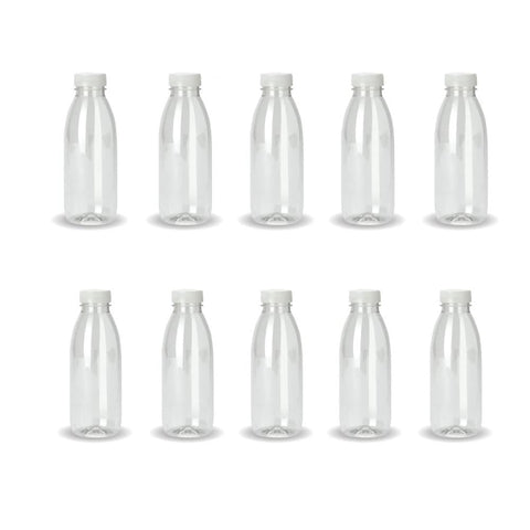 10x 300ml PET Juice Bottles + Tamper Evident Caps - Empty Plastic Recyclable Clear