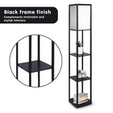 Sarantino Etagere Floor Lamp Shelves in Black Frame Fabric Shade