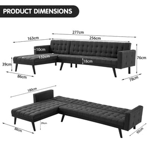 Sarantino 3-Seater Corner Wooden Sofa Bed Lounge Chaise Sofa Black