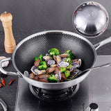 304 Stainless Steel Non-Stick Stir Fry Cooking Kitchen Wok Pan with Lid Honeycomb Single Sided