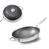 304 Stainless Steel Non-Stick Stir Fry Cooking Kitchen Wok Pan with Lid Honeycomb Double Sided