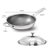 304 Stainless Steel Non-Stick Stir Fry Cooking Kitchen Wok Pan with Lid Honeycomb Double Sided