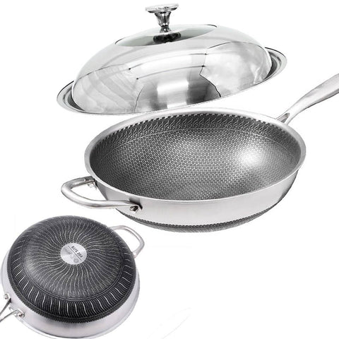 32cm Stainless Steel Non-Stick Stir Fry Cooking Kitchen Honeycomb Wok Pan with Lid