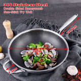 316 Stainless Steel Non-Stick Stir Fry Cooking Kitchen Wok Pan with Lid Honeycomb Double Sided