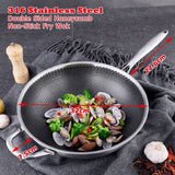 316 Stainless Steel Non-Stick Stir Fry Cooking Kitchen Wok Pan with Lid Honeycomb Double Sided