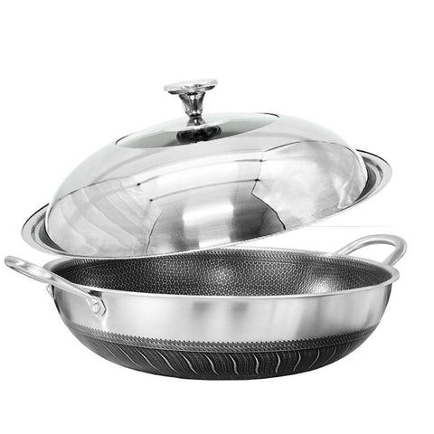 316 Stainless Steel Non-Stick Stir Fry Cooking Kitchen Wok Pan with Lid Honeycomb Double Sided